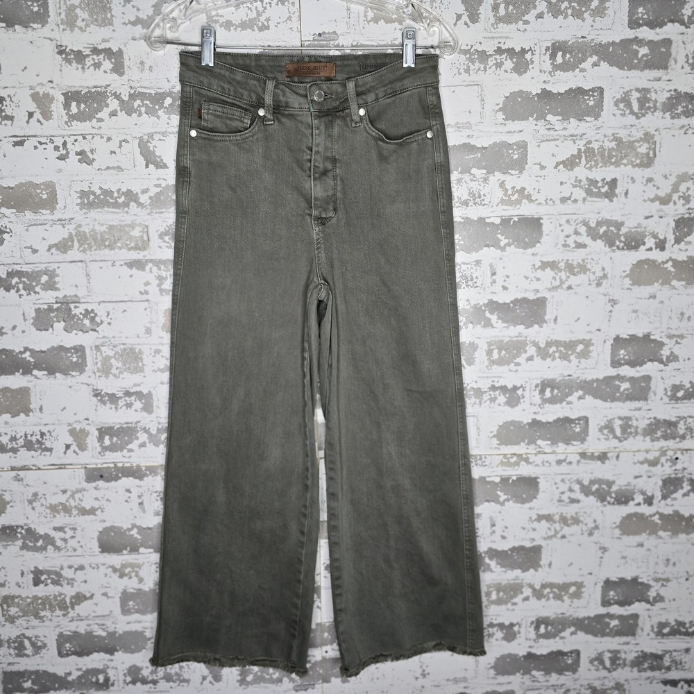 Judy Blue Jeans Womens 28 Wide Leg Cropped Raw Hem Green Garment Dyed Stretch